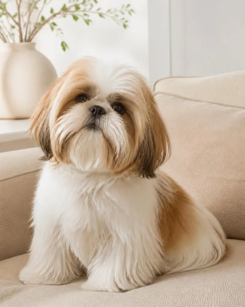 Filhote de Shih Tzu com pelagem sedosa branca e dourada